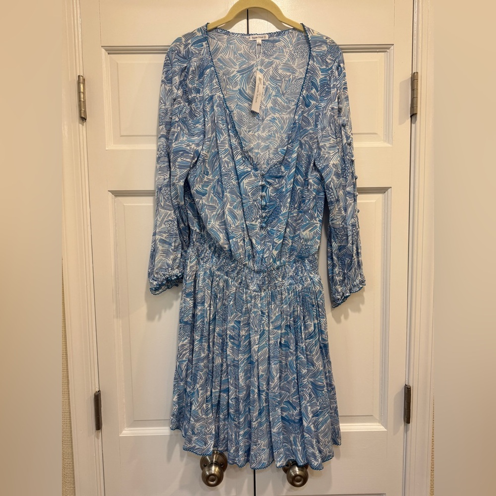 NWT Poupette St. Barth Blue Leaf Print Long Sleeve Dress